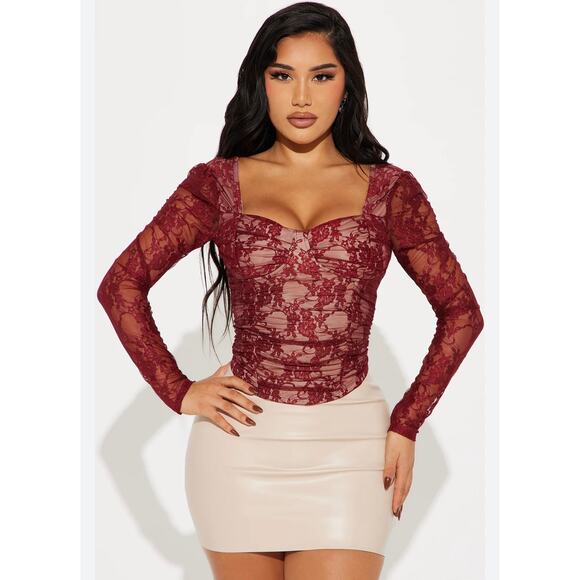 Cropped Sheer Lace Corset Top Womens M Burgundy Fairy Grunge Coquette Whimsygoth - Picture 1 of 8
